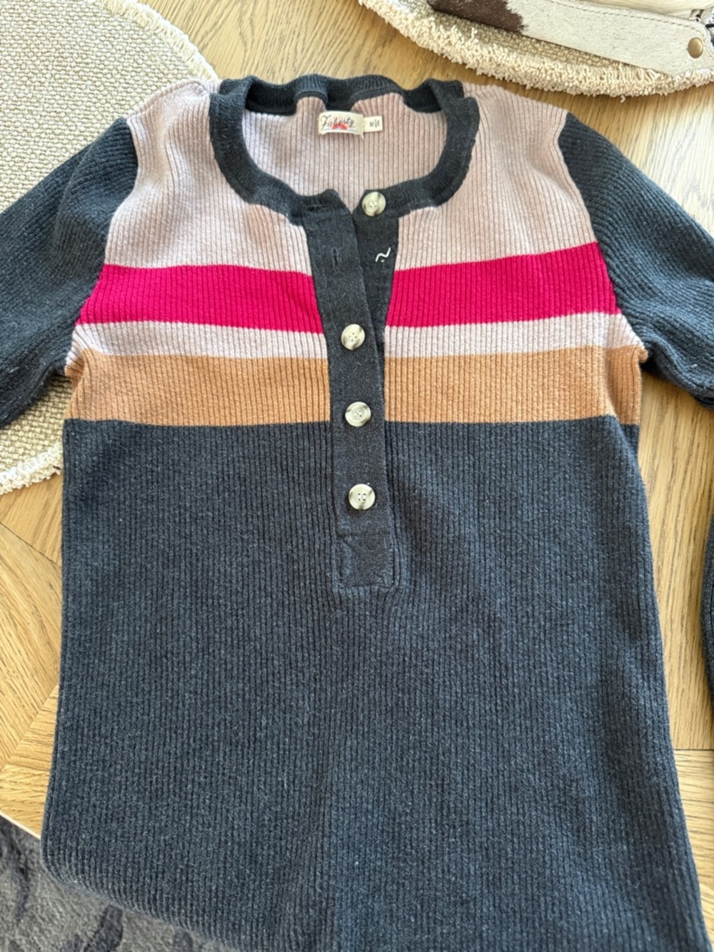 Faherty women’s Striped Henley Sweater - Charcoal, Pink & Tan